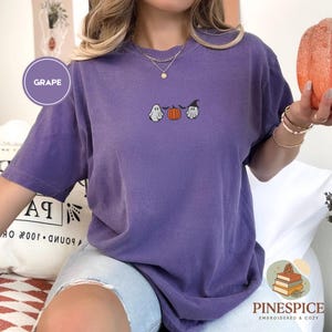 Pumpkins ghosts bats tee, cute halloween embroidered shirt, spooky season t-shirt, comfort colors 1717, cozy fall ghostcore tee, bat shirt