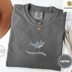 Overstimulated Party Hat Shark Embroidered Comfort Colors® Tee – Funny Weirdcore Summer Shirt, Neurodivergent Shark Shirt, Ocean Vibes Tee