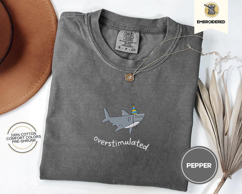 Overstimulated Party Hat Shark Embroidered Comfort Colors® Tee – Funny Weirdcore Summer Shirt, Neurodivergent Shark Shirt, Ocean Vibes Tee