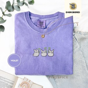 Chibi Totoros Embroidered Comfort Colors® Tee – Cute Forest Spirit Shirt, Cottagecore Anime Gift, Cozy Studio Anime inspired Top