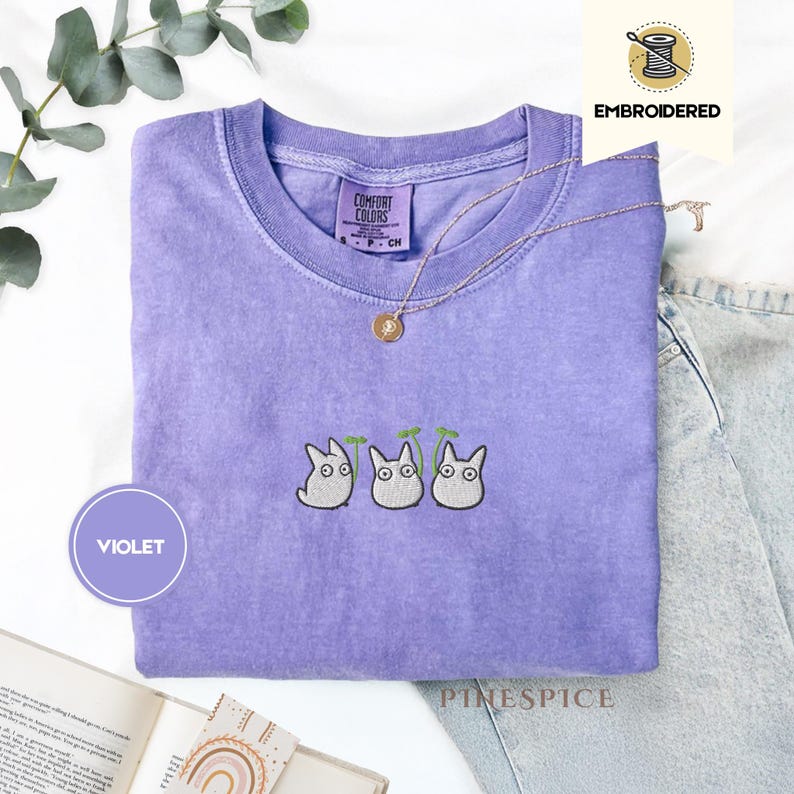 Chibi Totoros Embroidered Comfort Colors® Tee – Cute Forest Spirit Shirt, Cottagecore Anime Gift, Cozy Studio Anime inspired Top