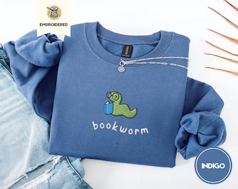Embroidered Bookworm Crewneck, Cozy Reading Sweatshirt, Autumn Bookish Gifts, Gildan 18000