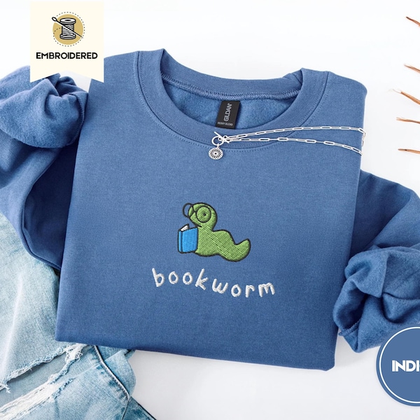 Embroidered Bookworm Crewneck, Cozy Reading Sweatshirt, Autumn Bookish Gifts, Gildan 18000