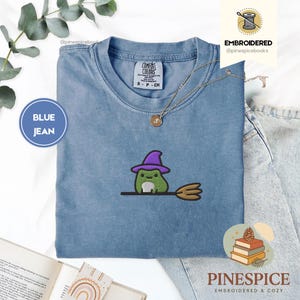 Witchy Frog Broomstick Tee, Embroidered Halloween Shirt, Cute Whimsical Frog T-Shirt, Comfort Colors 1717, Boo Basket Gift, Fall Tee