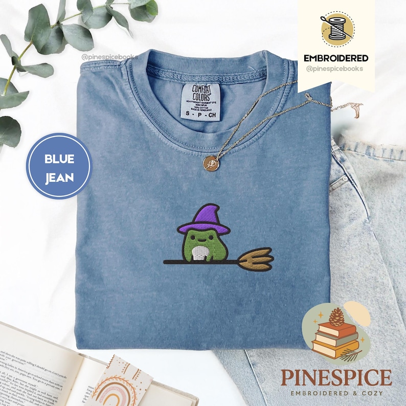 Witchy Frog Broomstick Tee, Embroidered Halloween Shirt, Cute Whimsical Frog T-Shirt, Comfort Colors 1717, Boo Basket Gift, Fall Tee