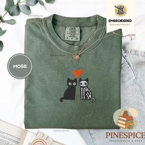 Skeleton Cats Shirt, Cute Halloween Cat Tee, Embroidered Comfort Colors 1717, Spooky Cute T-Shirt, Witchy Cat Gift, Fall Cat Shirt