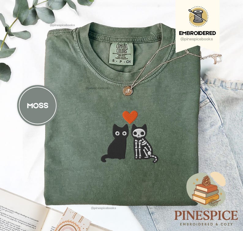 Skeleton Cats Shirt, Cute Halloween Cat Tee, Embroidered Comfort Colors 1717, Spooky Cute T-Shirt, Witchy Cat Gift, Fall Cat Shirt