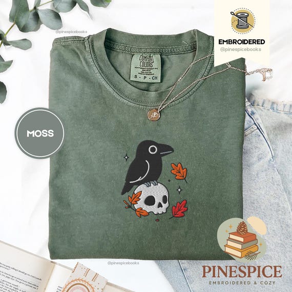 Crow and Skull Tee, Embroidered Raven T-Shirt, Halloween Comfort Colors 1717, Spooky Fall Shirt, Gothic Bird Tee, Boo Basket Gift