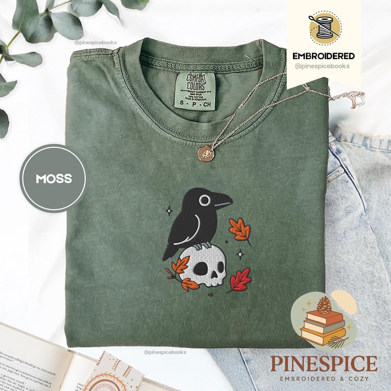 Crow and Skull Tee, Embroidered Raven T-Shirt, Halloween Comfort Colors 1717, Spooky Fall Shirt, Gothic Bird Tee, Boo Basket Gift