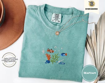 Summer shirt, beach shirts, Comfort Colors Embroidered Ocean Animals Coral Reef Shirt, Surf Beach Bum Ocean T shirt Clown Fish
