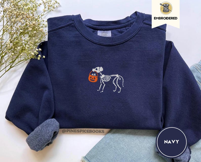 Skeleton Dog Trick or Treat Sweatshirt, Embroidered Halloween Dog Shirt, Comfort Colors 1566, Cozy Fall Pullover, Spooky Pet Lover Gift, Boo