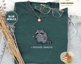 I require snacks tee, embroidered raccoon shirt, funny unhinged t-shirt, comfort colors 1717, feral snack goblin tee, chaotic cute animal