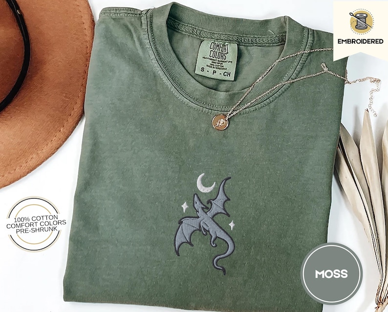 Embroidered Moon and Dragon Fantasy Book Shirt, Bookish Witchy Vibes