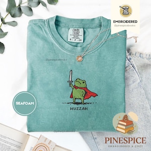 Huzzah Frog with Sword Tee, Embroidered Medieval Frog Shirt, Comfort Colors 1717, Funny DnD T-Shirt, Renaissance Faire Frog Gift