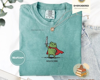 Huzzah Frog with Sword Tee, Embroidered Medieval Frog Shirt, Comfort Colors 1717, Funny DnD T-Shirt, Renaissance Faire Frog Gift
