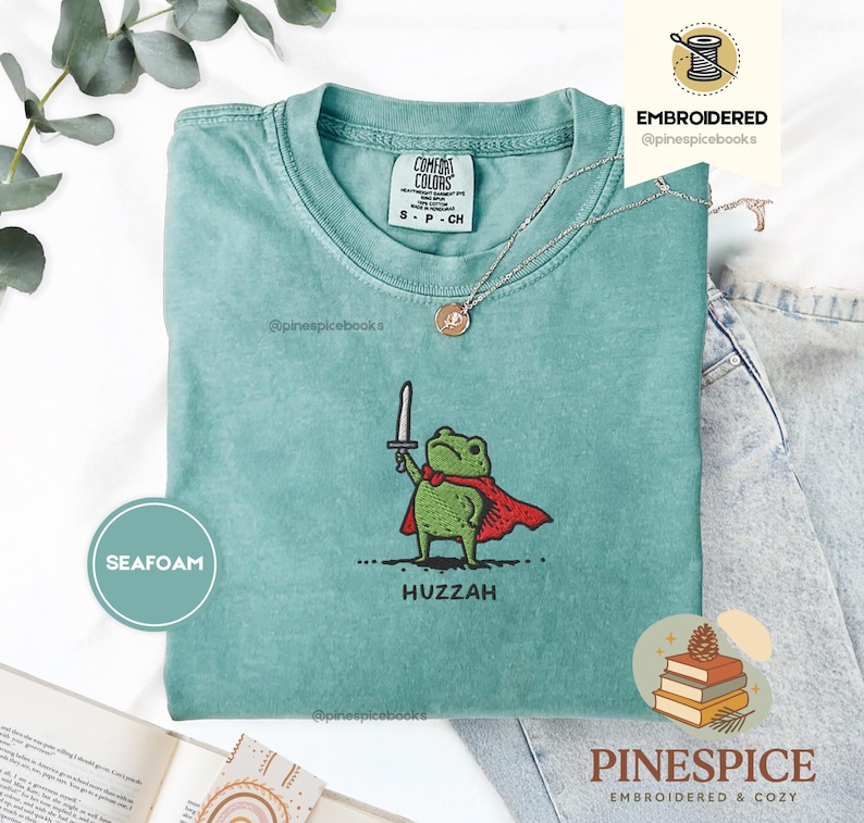 Huzzah Frog with Sword Tee, Embroidered Medieval Frog Shirt, Comfort Colors 1717, Funny DnD T-Shirt, Renaissance Faire Frog Gift