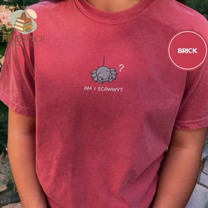Am I Scawwy T-Shirt, Cute Spider Embroidered Tee, Comfort Colors Funny Wholesome Halloween Shirt Brick