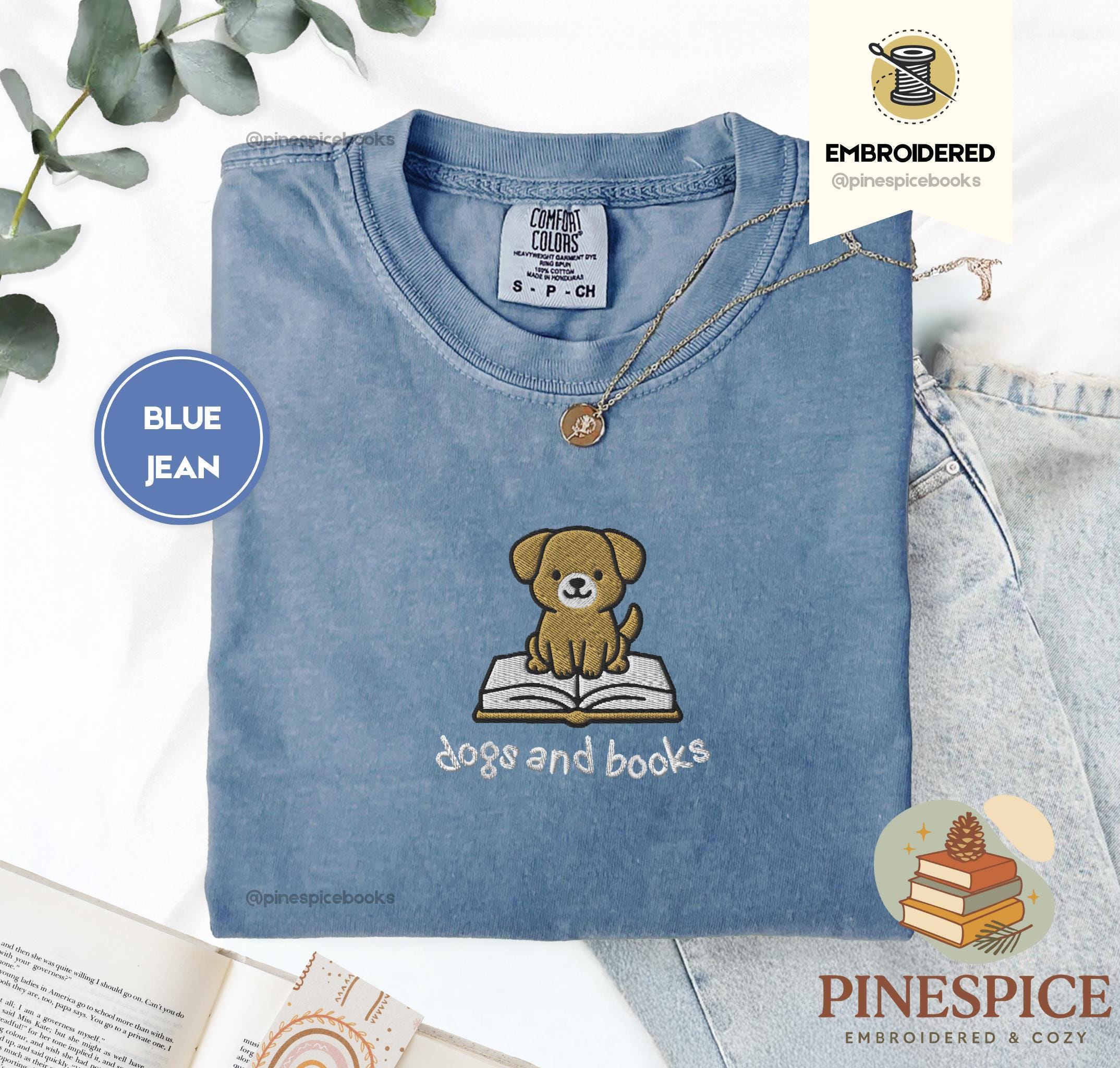犬と本のTシャツ、刺繍入りコンフォートカラー1717、犬好きTシャツ