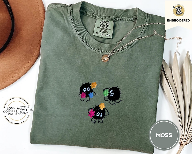 Soot Sprites Cozy Embroidered Comfort Colors® T-Shirt – Studio Inspired Cottagecore Tee, Cute Anime Aesthetic Shirt, Cozy Autumn Whimsy Gift