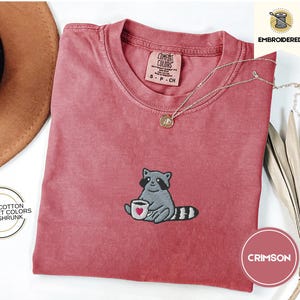 Raccoon Coffee Embroidered Shirt Comfort Colors Tee - Cute Animal Embroidery - Coffee Lover Gift - Cottagecore Forestcore Tee - Cozy T-Shirt