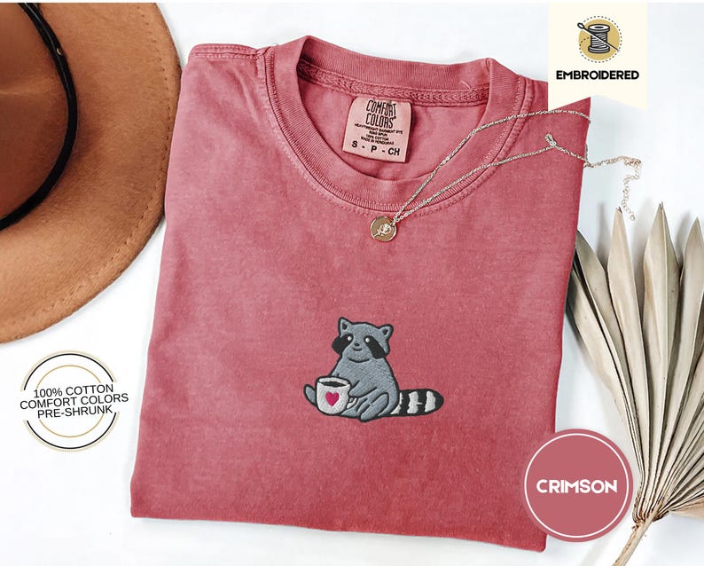 Raccoon Coffee Embroidered Shirt Comfort Colors Tee - Cute Animal Embroidery - Coffee Lover Gift - Cottagecore Forestcore Tee - Cozy T-Shirt