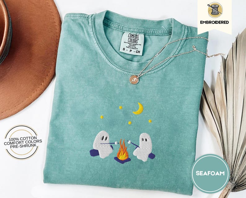 Cute Ghosts Camping Embroidered Comfort Colors Tee, Spooky Season Outdoors Gifts, Halloween Vintage Embroidery Tshirt