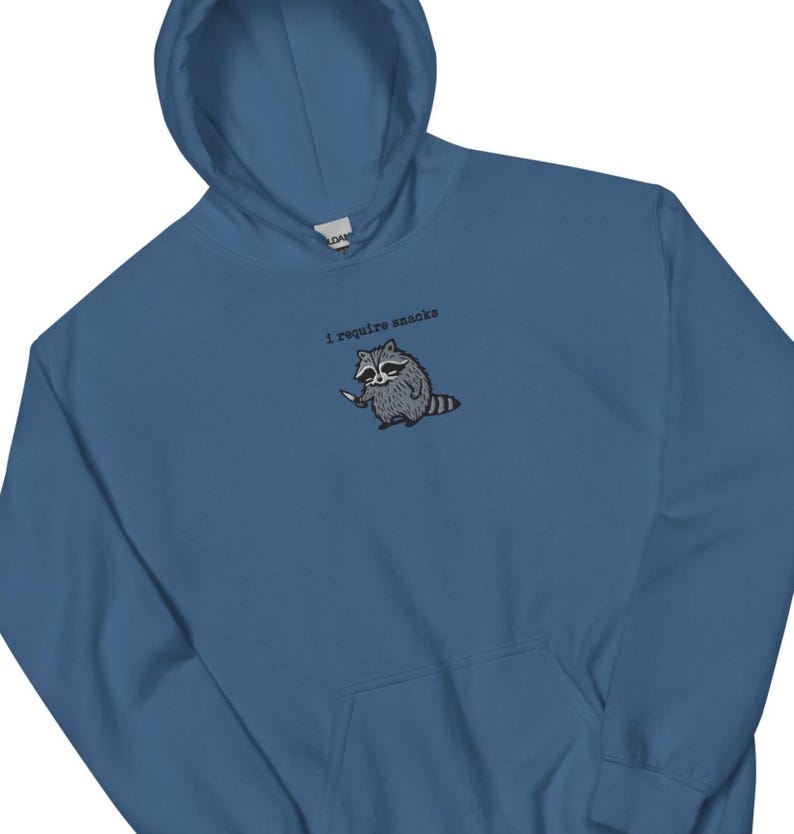 I Require Snacks Hoodie, Embroidered Raccoon Sweatshirt, Funny Gildan 18500 Hoodie, Snack Lover Gift, Cozy Chaos Hoodie, Trash Panda
