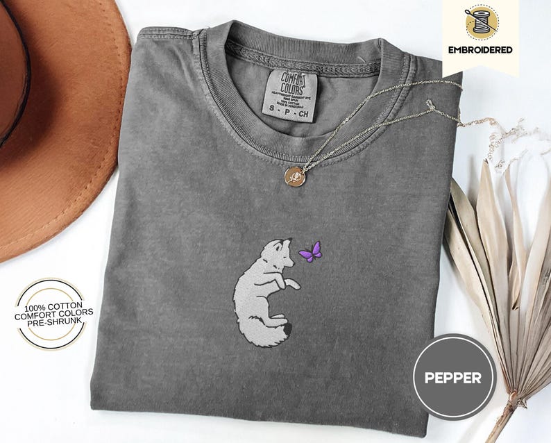 Embroidered Snow Fox Onyx Quicksilver Book Comfort Colors Tee, Fae and Alchemy Little Osha Kingfisher Shirt, Cozy Cute Tee