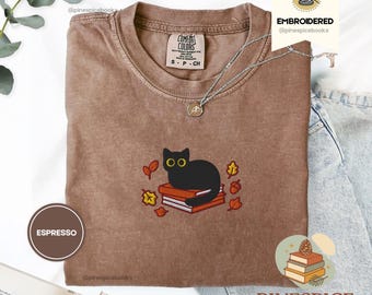 Fall Black Cat and Books Tee, Embroidered Comfort Colors 1717, Cozy Autumn Reader Shirt, Book Lover Gift, Cute Halloween Cat Shirt