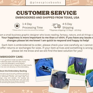 May include: A tan graphic with the text "CUSTOMER SERVICE EMBROIDERED AND SHIPPED FROM TEXAS, USA." It includes information about processing and shipping times, embroidery care, and a message from the seller.
