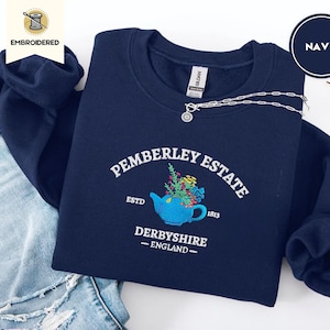 Broderad Pemberley Estate Pride and Prejudice broderad tröja, England Jane Austen romancitat merchandise, vintagegåvor