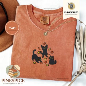 Black Cats and Fall Leaves Tee, Embroidered Autumn Cat Shirt, Comfort Colors 1717, Cute Fall T-Shirt, Cozy Cat Lover Gift, Autumn Aesthetic