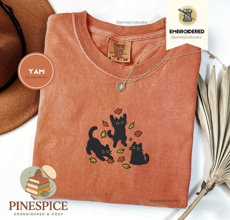 Black Cats and Fall Leaves Tee, Embroidered Autumn Cat Shirt, Comfort Colors 1717, Cute Fall T-Shirt, Cozy Cat Lover Gift, Autumn Aesthetic