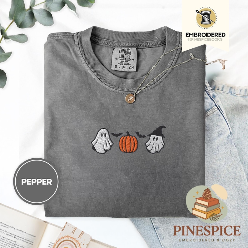 Pumpkins ghosts bats tee, cute halloween embroidered shirt, spooky season t-shirt, comfort colors 1717, cozy fall ghostcore tee, bat shirt