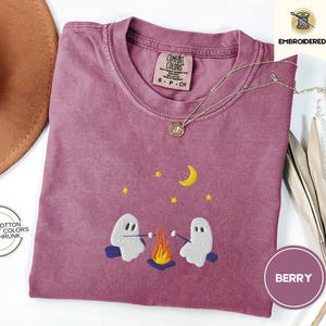 Cute Ghosts Camping Embroidered Comfort Colors Tee, Spooky Season Outdoors Gifts, Halloween Vintage Embroidery Tshirt