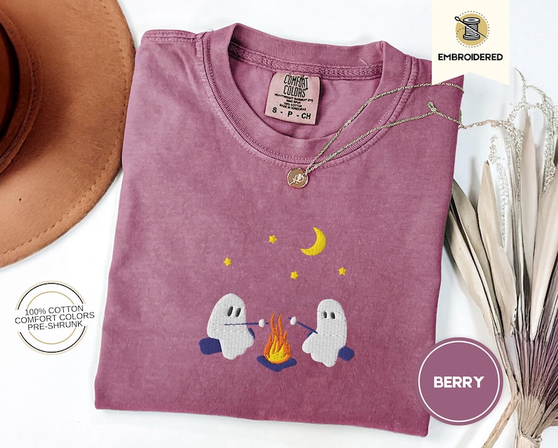 Cute Ghosts Camping Embroidered Comfort Colors Tee, Spooky Season Outdoors Gifts, Halloween Vintage Embroidery Tshirt