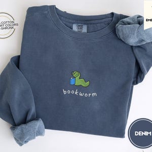 embroidered bookworm comfort colors sweatshirt, cozy fall sweater for book lovers, readers gift