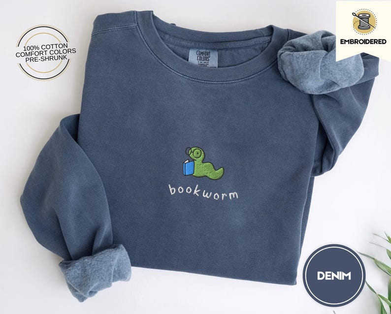 embroidered bookworm comfort colors sweatshirt, cozy fall sweater for book lovers, readers gift
