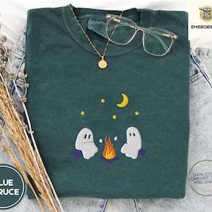 Cute Ghosts Camping Embroidered Comfort Colors Tee, Spooky Season Outdoors Gifts, Halloween Vintage Embroidery Tshirt