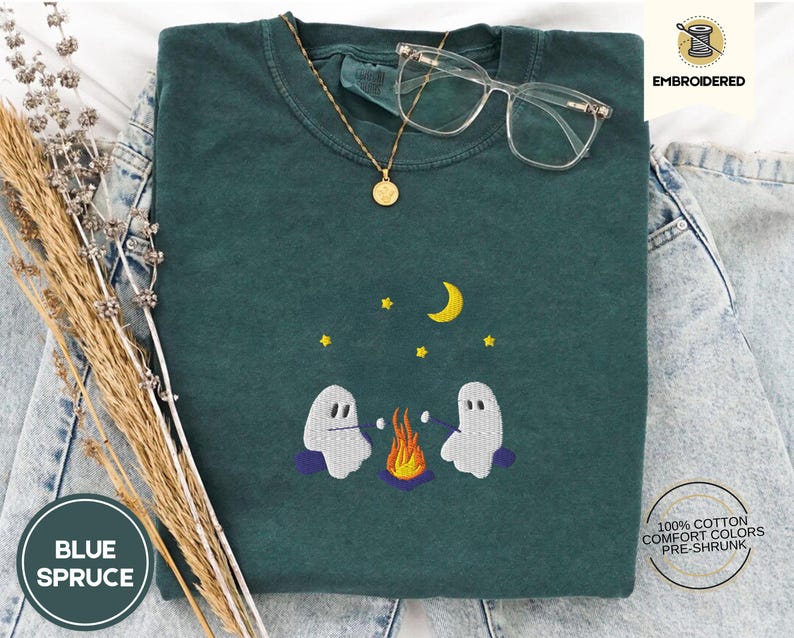 Cute Ghosts Camping Embroidered Comfort Colors Tee, Spooky Season Outdoors Gifts, Halloween Vintage Embroidery Tshirt