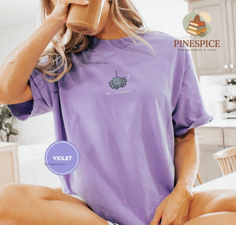 Am I Scawwy T-Shirt, Cute Spider Embroidered Tee, Comfort Colors Funny Wholesome Halloween Shirt Violet