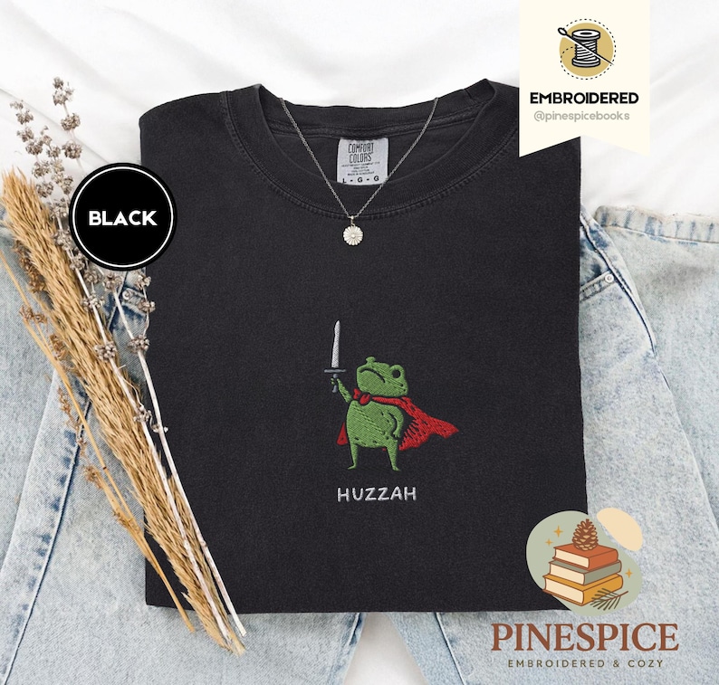 Huzzah Frog with Sword Tee, Embroidered Medieval Frog Shirt, Comfort Colors 1717, Funny DnD T-Shirt, Renaissance Faire Frog Gift