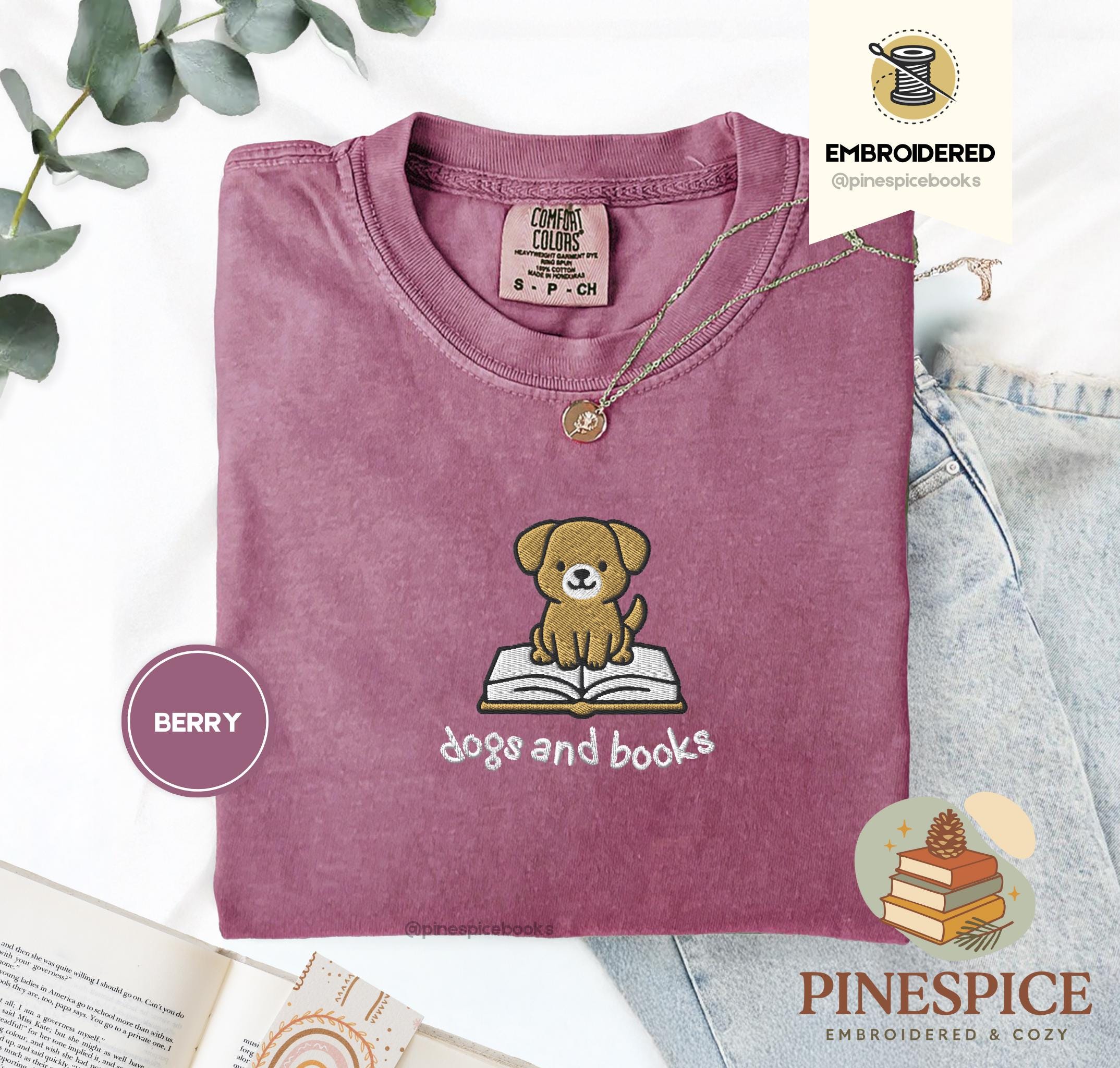 犬と本のTシャツ、刺繍入りコンフォートカラー1717、犬好きTシャツ