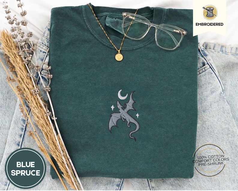Embroidered Moon and Dragon Fantasy Book Shirt, Bookish Witchy Vibes