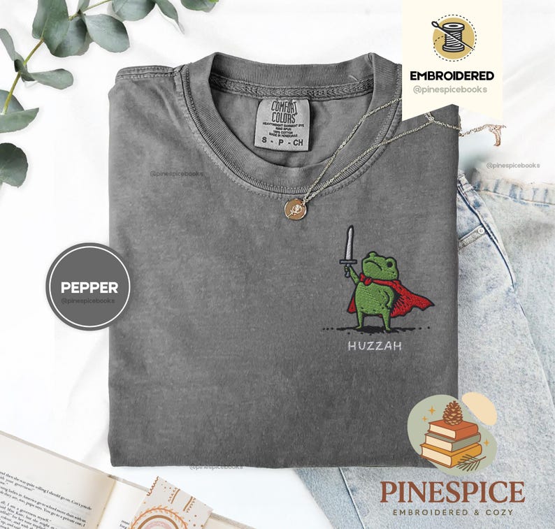 Huzzah Frog with Sword Tee, Embroidered Medieval Frog Shirt, Comfort Colors 1717, Funny DnD T-Shirt, Renaissance Faire Frog Gift