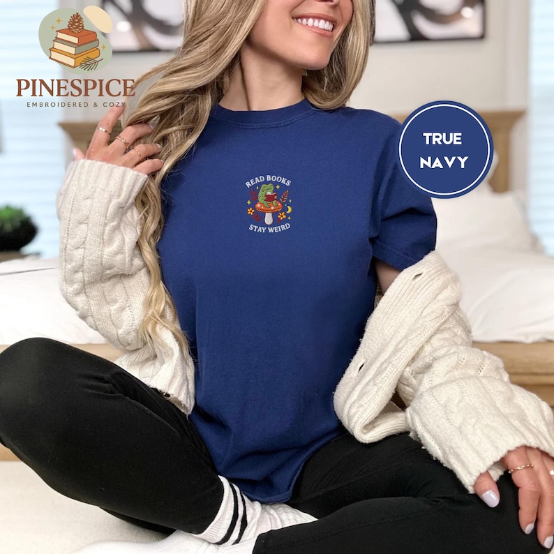 Read books stay weird tee, embroidered mushroom frog shirt, bookish cottagecore t-shirt, comfort colors 1717, cozy reader gift, frogcore tee