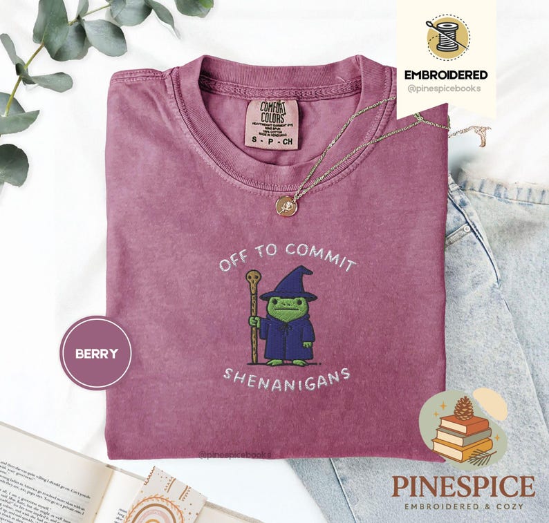 Off to Commit Shenanigans Wizard Frog Funny DnD Tee, Embroidered Comfort Colors 1717, Ren Faire Fantasy Gift
