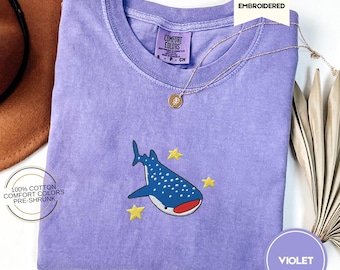 Embroidered Whale Shark Comfort Colors® Tee, Cute Ocean Animal Shirt, Summer Beach Outfit, Tropical Marine Life Gift for Ocean Lovers