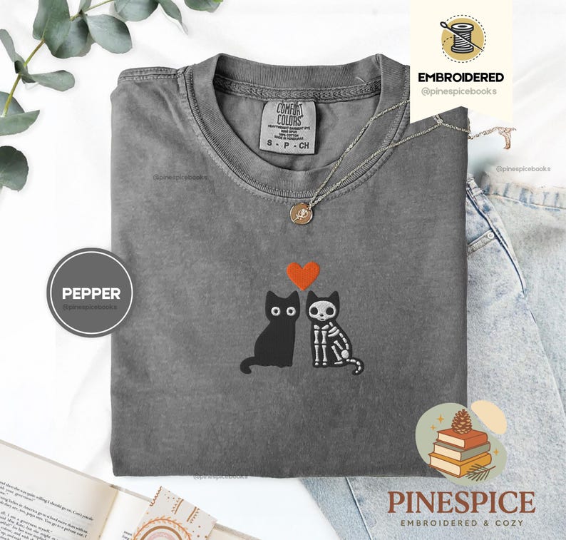 Skeleton Cats Shirt, Cute Halloween Cat Tee, Embroidered Comfort Colors 1717, Spooky Cute T-Shirt, Witchy Cat Gift, Fall Cat Shirt
