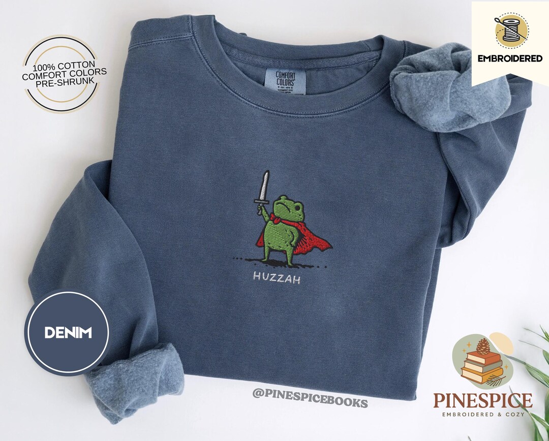 Huzzah Frog With Sword Sweatshirt, Embroidered Comfort Colors 1566